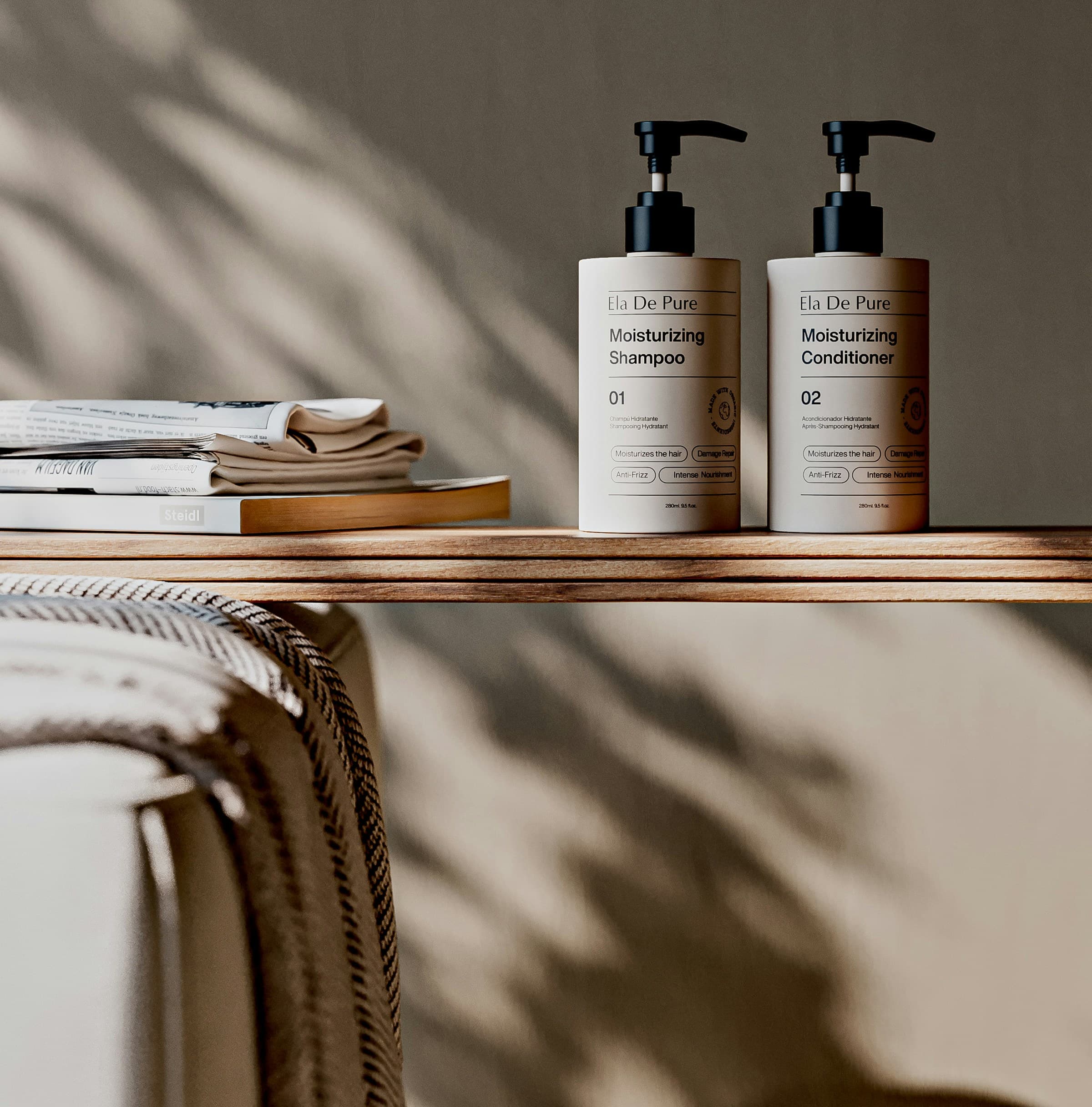 Salon products arranged on a shelf
